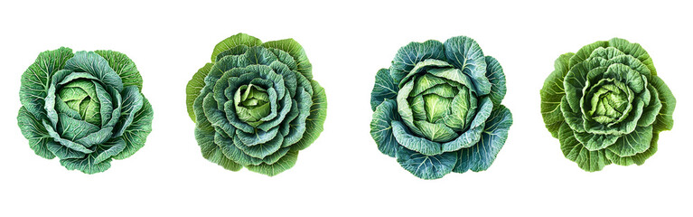 Obraz premium An eliment set of Cabbage with tightly packed green leaves, showcasing a round shape and rich color, isolated on a white background, isolated on white background ,