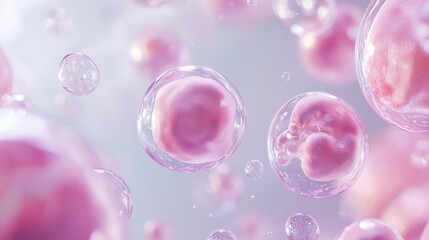 Microscopic view of cells dividing and multiplying in pink and purple tones