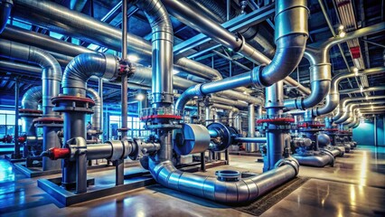 Fototapeta premium Industrial Facility's Complex Network of Pipes and Valves in a Modern Setting
