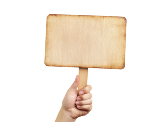 Hand holding blank wooden sign stick isolated on white background. Empty space for text or logo blank protest.