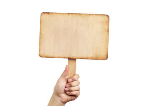 Hand holding blank wooden sign stick isolated on white background. Empty space for text or logo blank protest.