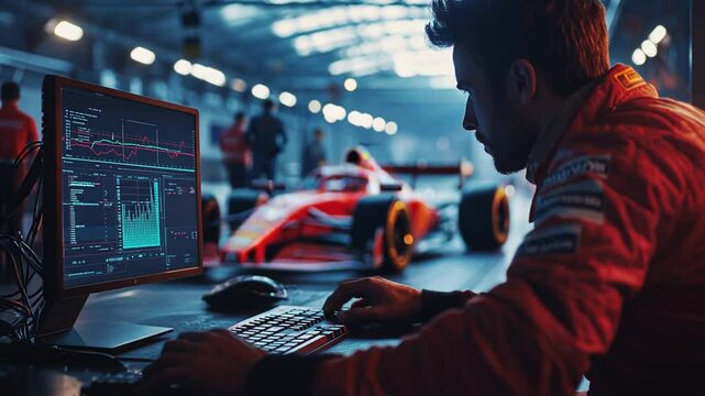 Race Car Data Analysis: Engineer Interpreting Telemetry in Garage Setting with High-Performance Car
