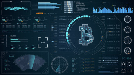 Blue digital money logo with head up display (HUD UI) panel and futuristic technology abstract background crypto currency finance and digital money
