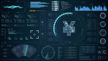Blue digital money logo with head up display (HUD UI) panel and futuristic technology abstract background crypto currency finance and digital money