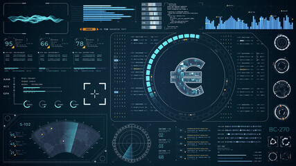 Blue digital money logo with head up display (HUD UI) panel and futuristic technology abstract background crypto currency finance and digital money