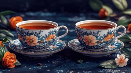 Fototapeta premium Elegant Floral Tea Cups with Fresh Tea on a Decorative Background of Greenery and Flowers