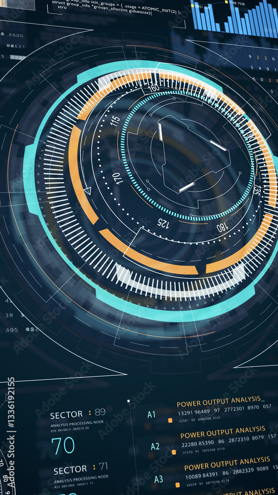 Poster blue digital head up display (hud ui) and circuit panel technology interface screen with futuristic 
