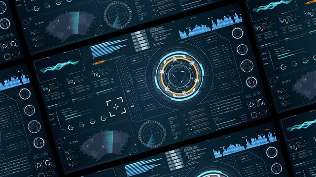 Blue digital Head up display (HUD UI) and circuit panel technology interface screen with futuristic elements graph and chat panel abstract background