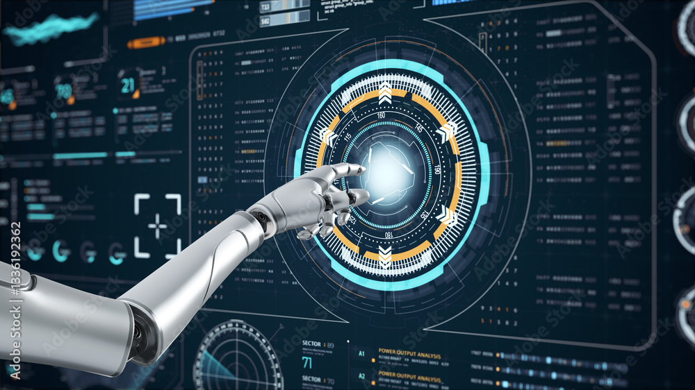 Poster blue digital robot hand with head up display (hud ui) and futuristic technology abstract background 