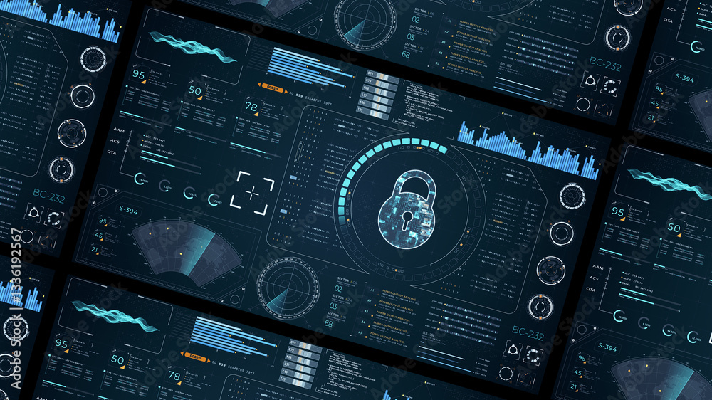 Poster blue digital security key with head up display (hud ui) and circuit panel futuristic abstract backgr