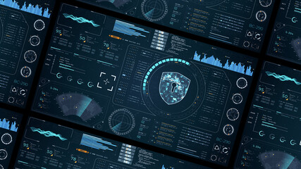 Blue digital security shield with head up display (HUD UI) and circuit panel futuristic abstract background network firewall technology and data secure