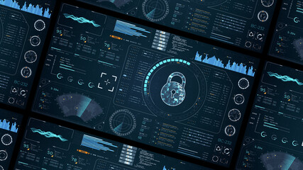 Blue digital security key with head up display (HUD UI) and circuit panel futuristic abstract background network firewall technology and data secure