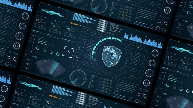 Blue digital security shield with head up display (HUD UI) and circuit panel futuristic abstract background network firewall technology and data secure - Powered by Adobe