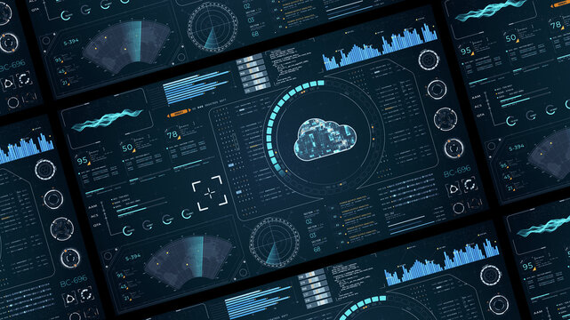 Blue digital cloud computing with head up display (HUD UI) with circuit panel background and futuristic technology abstract background storage big data backup - Powered by Adobe