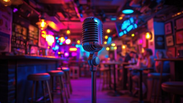 A vibrant bar scene with a vintage microphone, perfect for live music or karaoke nights. Colorful lights enhance the atmosphere.