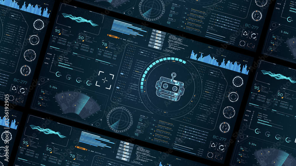 Poster blue digital robot head with head up display (hud ui) and futuristic technology abstract background 