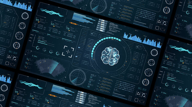 Blue digital brain with head up display (HUD UI) panel and futuristic technology abstract background artificial intelligence and assistant machine learning