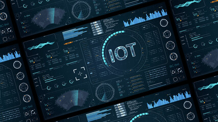 Blue digital IOT letter logo with head up display (HUD UI) panel and futuristic technology abstract background internet of things