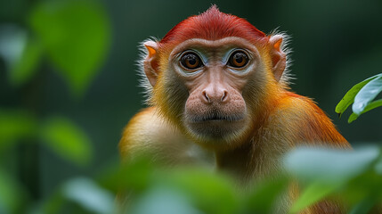 Obraz premium Red-haired monkey with large expressive eyes looking directly at camera, primate portrait in natural jungle habitat showing wildlife conservation concept