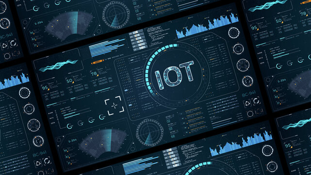 Blue digital IOT letter logo with head up display (HUD UI) panel and futuristic technology abstract background internet of things
