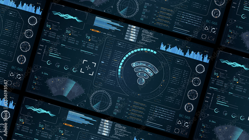 Wall mural blue digital wifi logo with head up display (hud ui) panel and futuristic technology abstract backgr