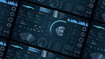 Blue digital money logo with head up display (HUD UI) panel and futuristic technology abstract...