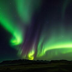 Beautiful aurora borealis northern lights in night sky over snowy landscape