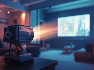 Home Theater Projector Mockup, Casting Bright Light, Cozy Seating Area in Background