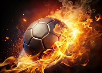 Fototapeta premium Fiery Football: Nighttime Burning Sports Ball Close-Up