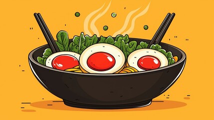 Delicious Bowl of Ramen with Soft Boiled Eggs and Fresh Greens on Vibrant Yellow Background
