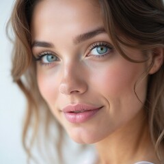 Naklejka premium Close-Up of Stunning Female Eyes with Long, Curled Eyelashes and Shimmering Makeup, Soft Neutral Background
