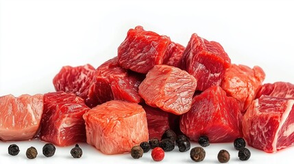 Cubes of raw beef meat isolated on white background