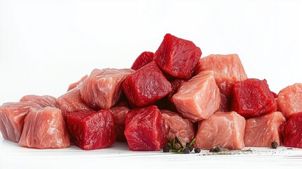 Cubes of raw beef meat isolated on white background