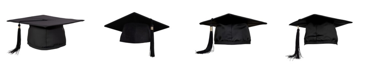 An eliment set of  Photo of a black college graduation cap black tassel isolated on transparent background
