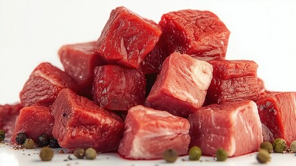 Cubes of raw beef meat isolated on white background