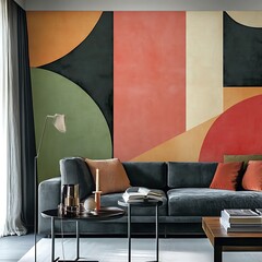 Velvet sofa with orange accents in a modern interior design high resolution picture