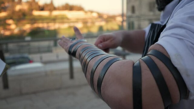 Rabbi's hands wrap tefillin on a Jewish man's arm against the backdrop of Jerusalem. A sacred ritual symbolizing faith, devotion, and Jewish tradition in the holy city. Spiritual and cultural heritage