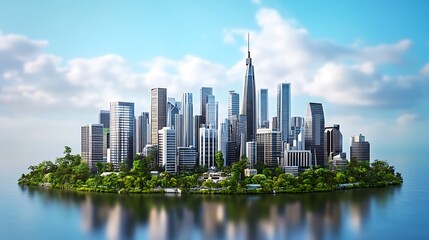 Obraz premium Modern city skyline at sunset with water reflection high resolution picture