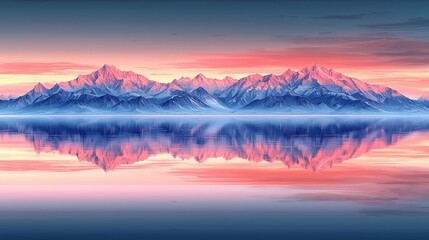 Fototapeta premium Serene Mountain Landscape Reflecting on Tranquil Lake at Sunrise with Pink Skies Above