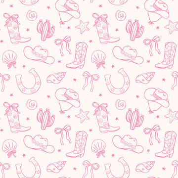 Pink Coastal Cowgirl Seamless Pattern background Western Beach Girly Cowboy Aesthetic wallpaper Minimal Hand Drawn