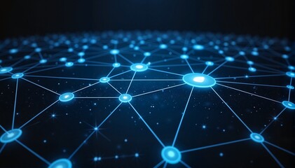 Abstract digital network connections glowing in blue lines and nodes against a dark background, technology concept of IT services or data management