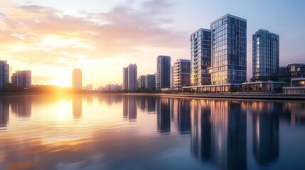 Fototapeta premium Modern city skyline with stunning sunset and water reflections high resolution picture