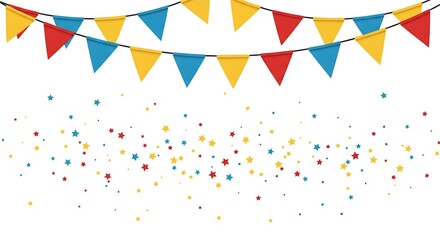 Obraz premium Brightly colored pennant banners with confetti scattered across a white background, symbolizing fun and celebration.