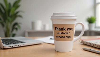 Thank you coffee cup displayed on a wooden desk with a laptop and notepad in a bright office setting, appreciation concept of business or customer service
