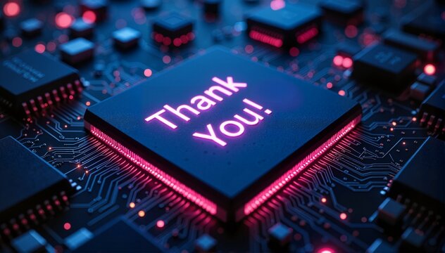 Close-up view of a glowing microchip with the phrase "Thank You!" in neon pink, set against a dark circuit board background, tech concept of electronics and communication