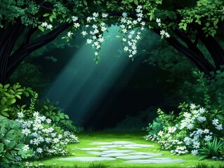Fototapeta premium Serene forest glade with sunlight filtering through trees and blooming flowers