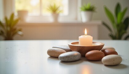 Serene candle lit in a wooden bowl surrounded by smooth pebbles on a reflective surface with soft natural light, relaxation and wellness concept of spa or meditation