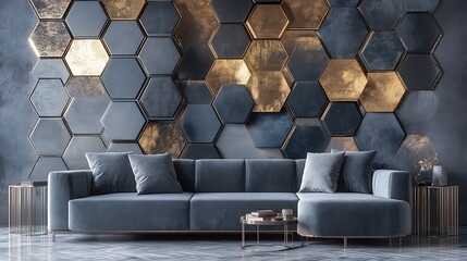 Fototapeta premium Modern living room with geometric wall and comfortable seating arrangement high resolution picture