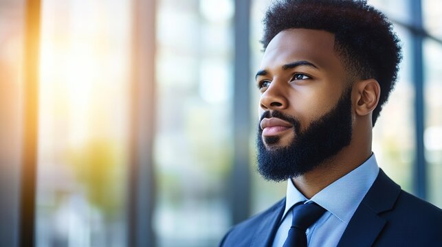 Confident African American businessman in suit, soft light, blurred office background, exuding professionalism and determination.
