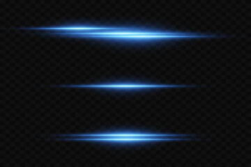 Set of sparkling light effects, horizontal rays and glare. On a transparent background.